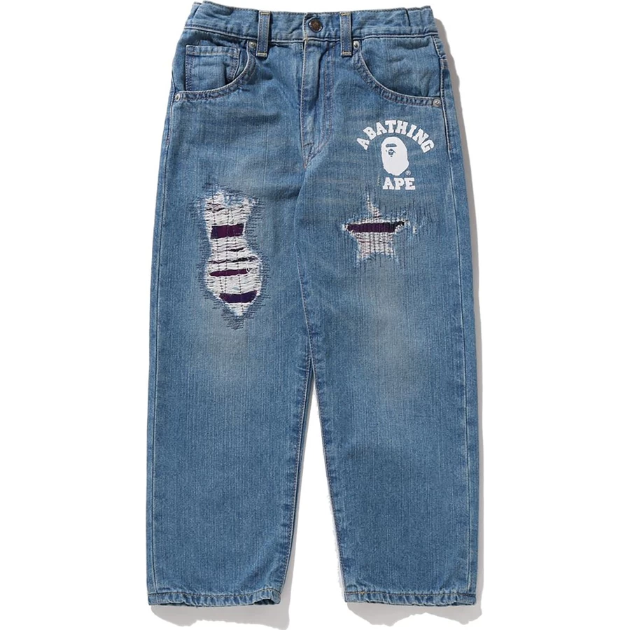 Pantaloni In Denim Danneggiati Con Toppe Color Mimetico Bape Per Bambini
