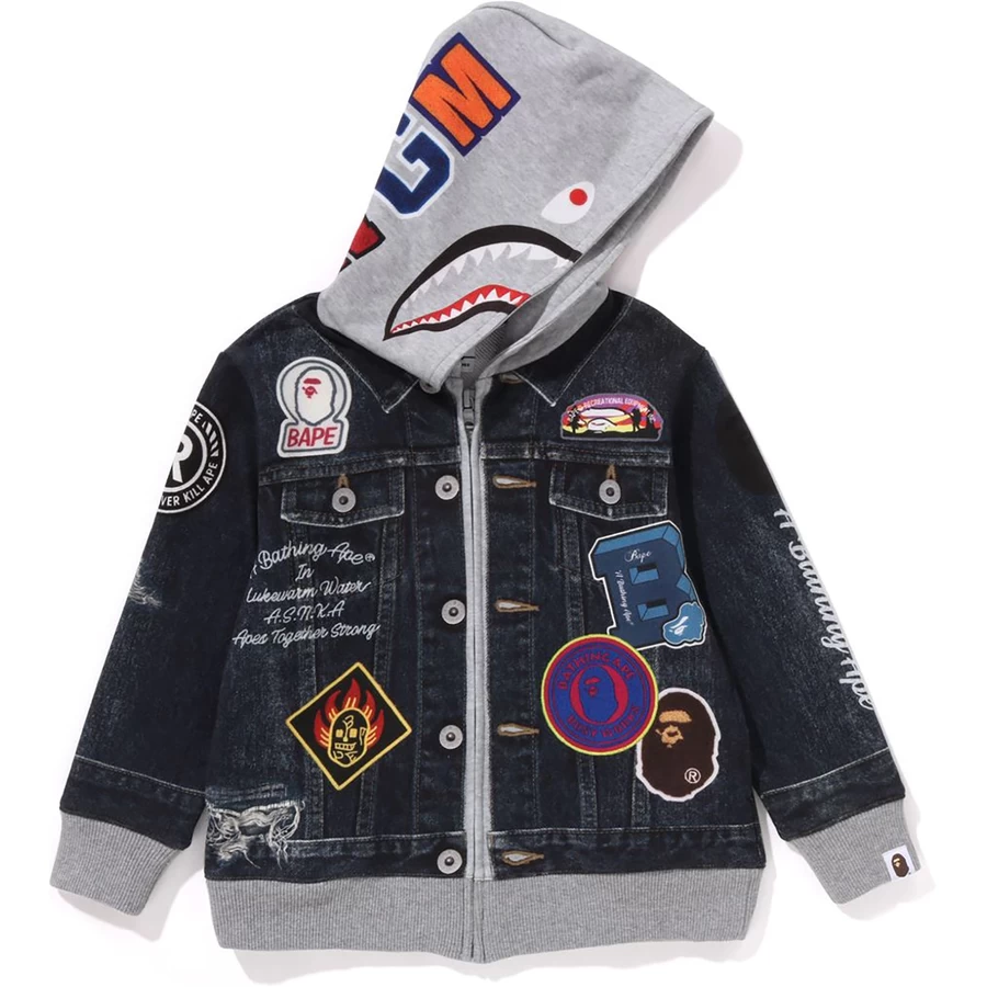 Bape Shark Bape Embleem Denim Jack Met Print En Capuchon Met Rits Voor Kinderen