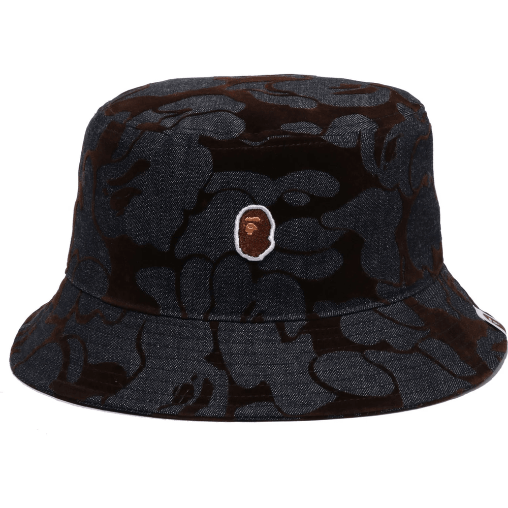 Bape CAMO FLOCKED DENIM ONE POINT BUCKET HAT MENS Indigo