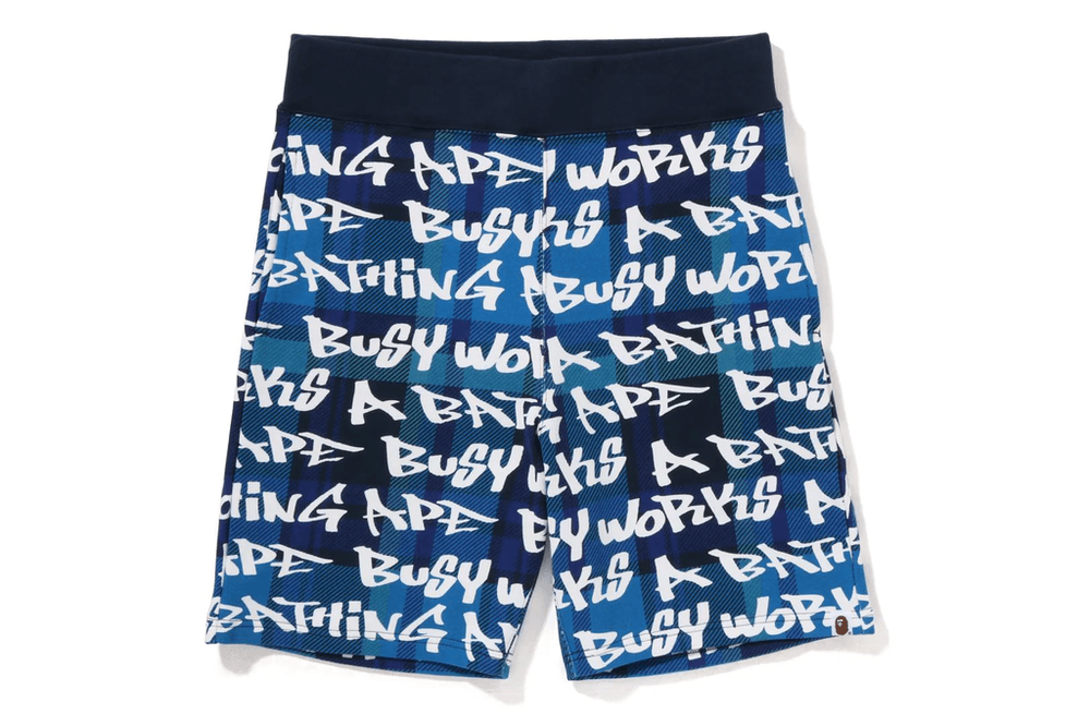 BAPE GRAFFITI CHECK SWEAT SHORTS MENS Blue