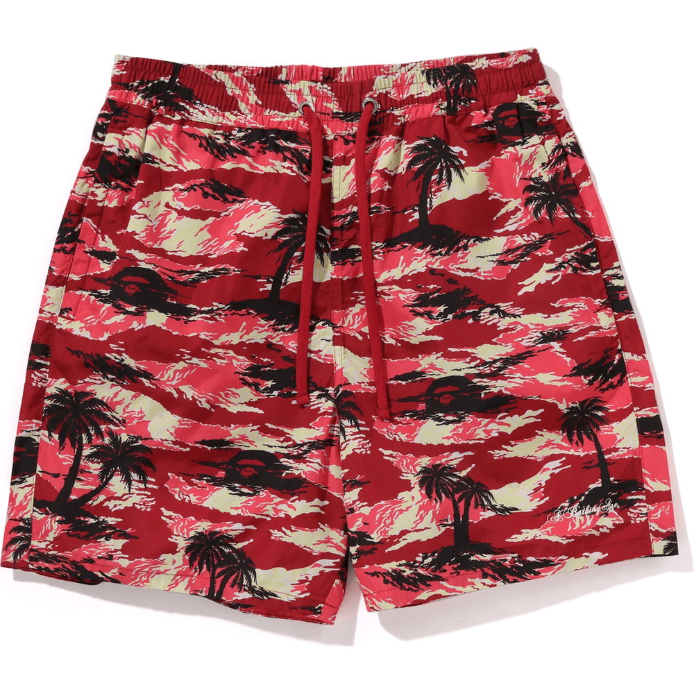 Bape PALM TREE CAMO RELAXED FIT BEACH SHORTS MENS Red