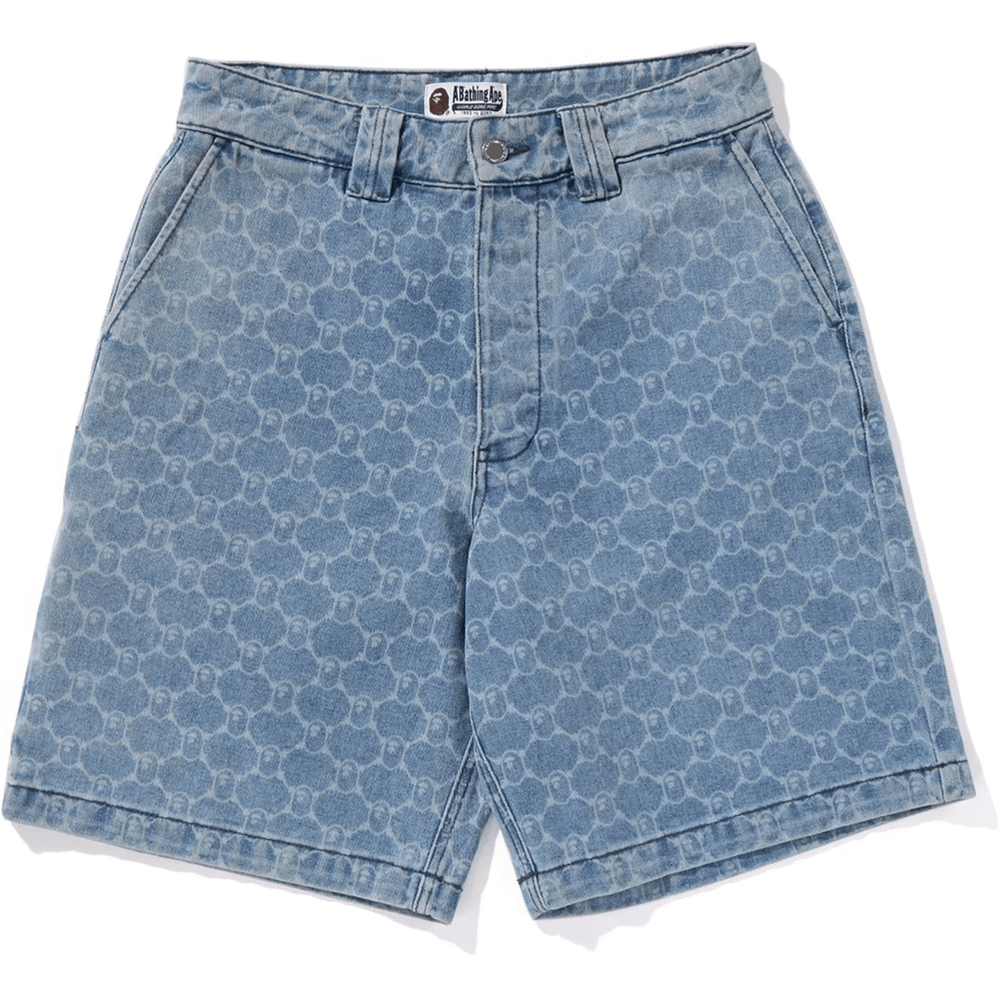 Bape College Monogram Pantaloni Scurți Din Denim Relaxați 13oz Pentru Bărbați, Indigo Deschis