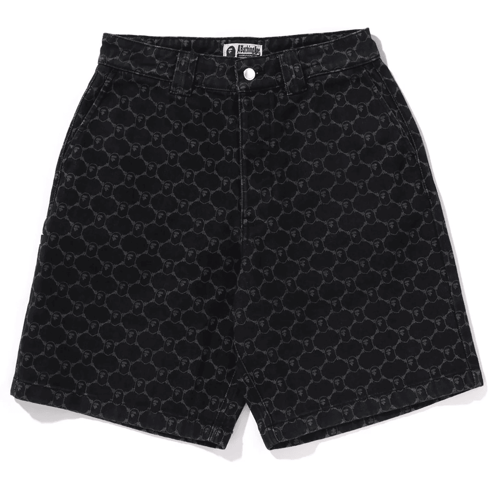 Bape College Monogram Pantaloni Scurți Din Denim Relaxați 13oz Pentru Bărbați Negri