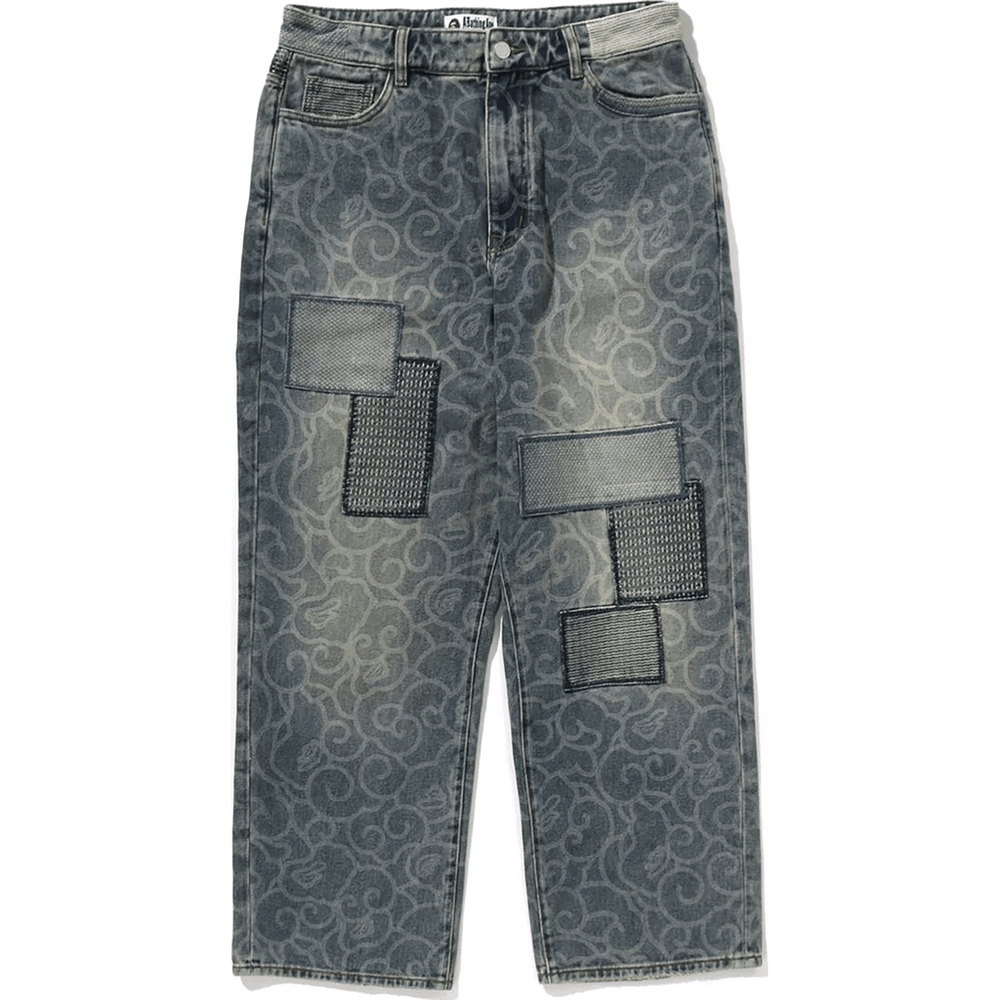 Bape CLOUD CAMO JACQUARD UPCYCLED RELAXED FIT 13 OZ DENIM PANTS MENS Indigo
