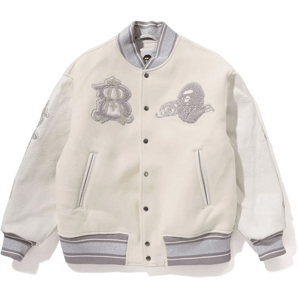Bape LINE CAMO MULTI LOGO WOOL VARSITY JACKET MENS Ivory
