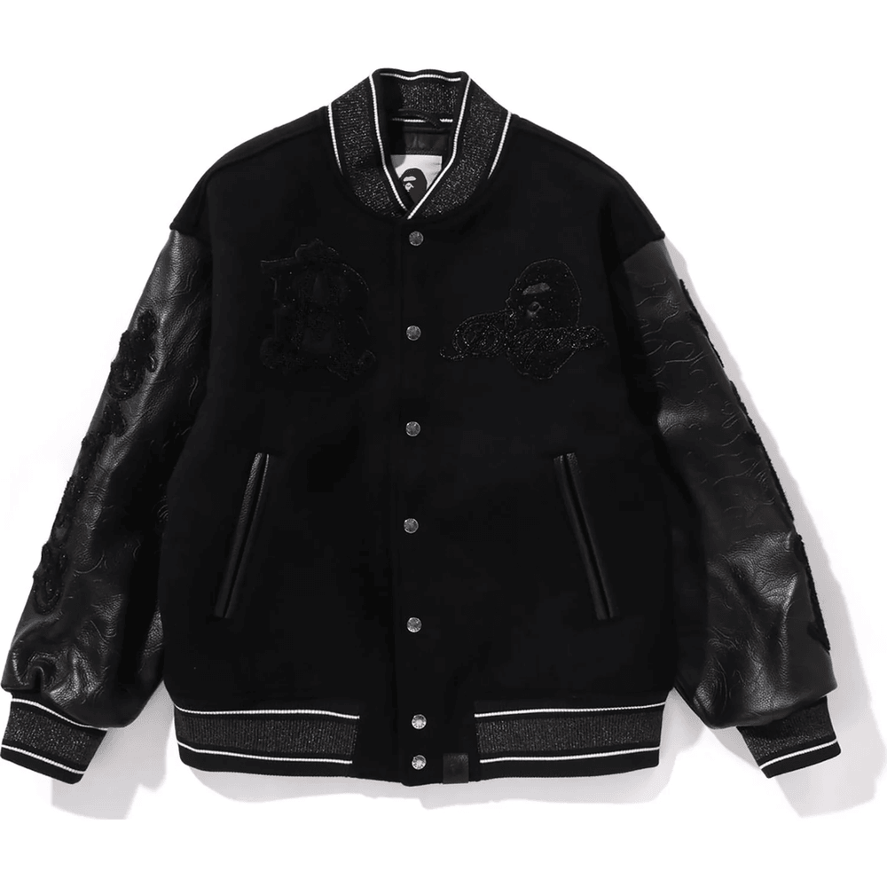 Bape LINE CAMO MULTI LOGO WOOL VARSITY JACKET MENS Black