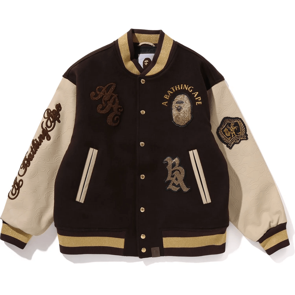 Bape LINE CAMO MULTI LOGO WOOL VARSITY JACKET MENS Brown