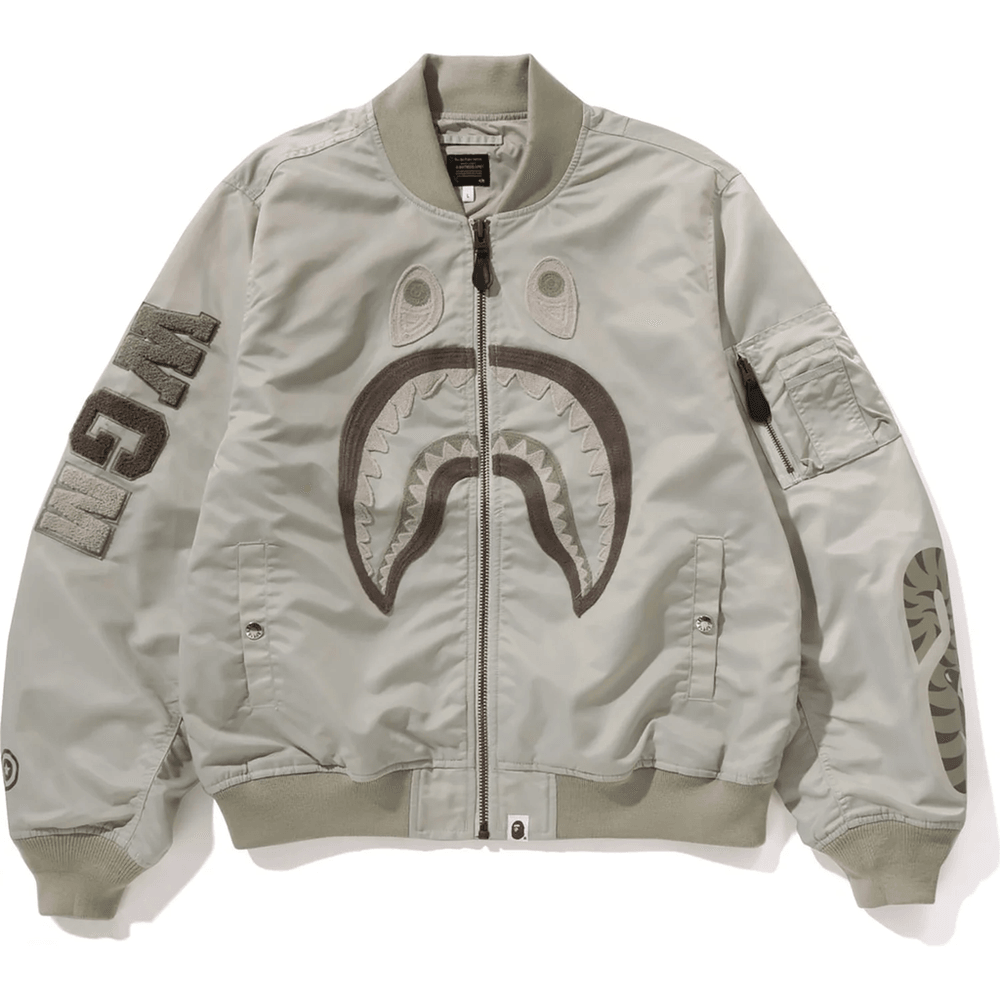 Bape TONAL CHAIN STITCH SHARK BOMBER JACKET MENS Beige