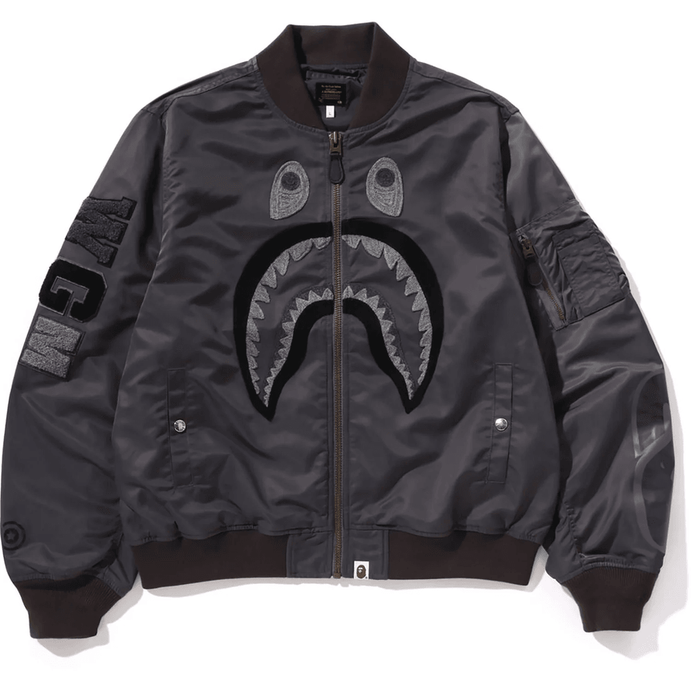 Bape TONAL CHAIN STITCH SHARK BOMBER JACKET MENS Charcoal
