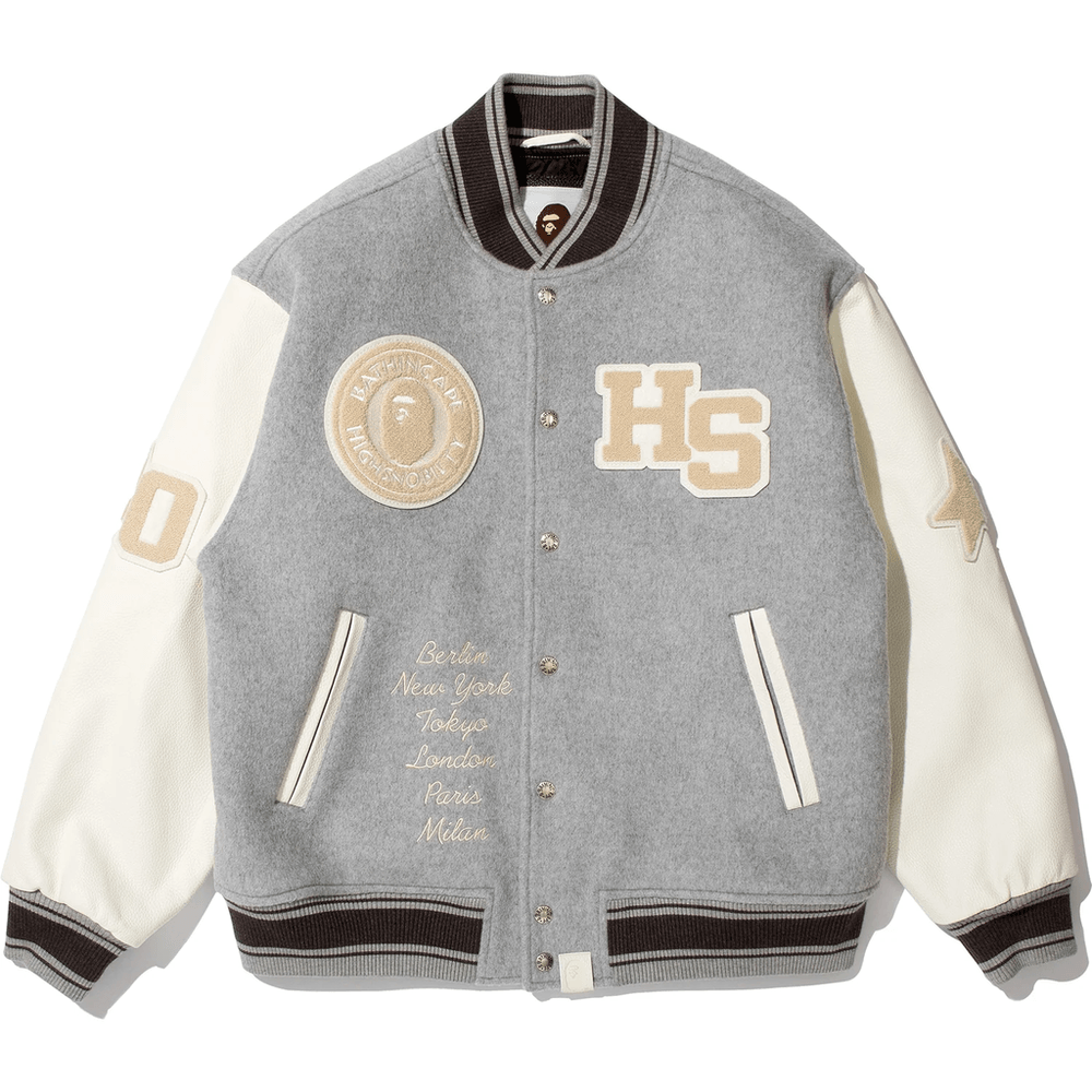 BAPE X HIGHSNOBIETY MULTI LOGO VARSITY JACKET MENS Gray