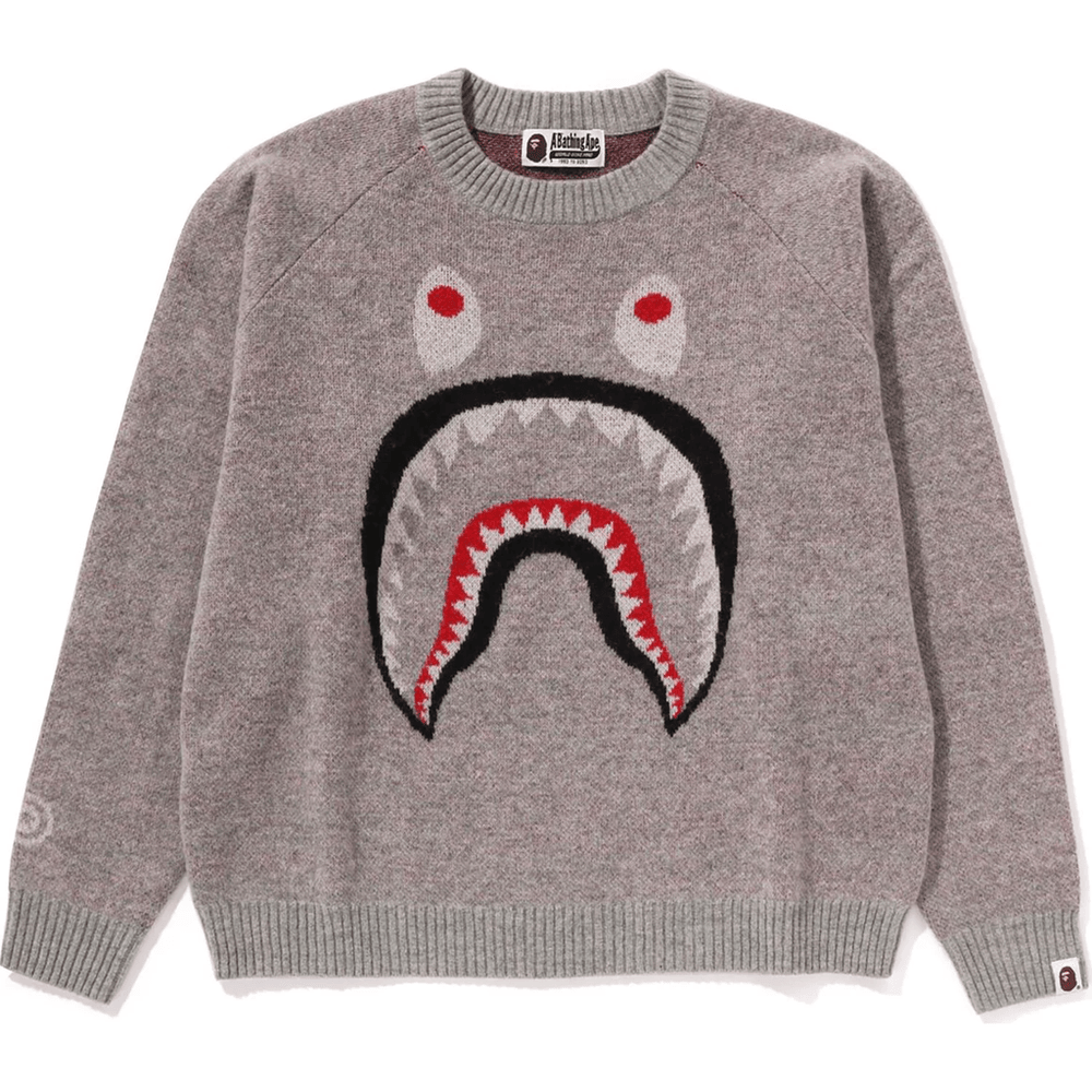 Bape Pilkas Vilnos Mišinio Megztinis Su „ryklio“ Motyvu Moterims