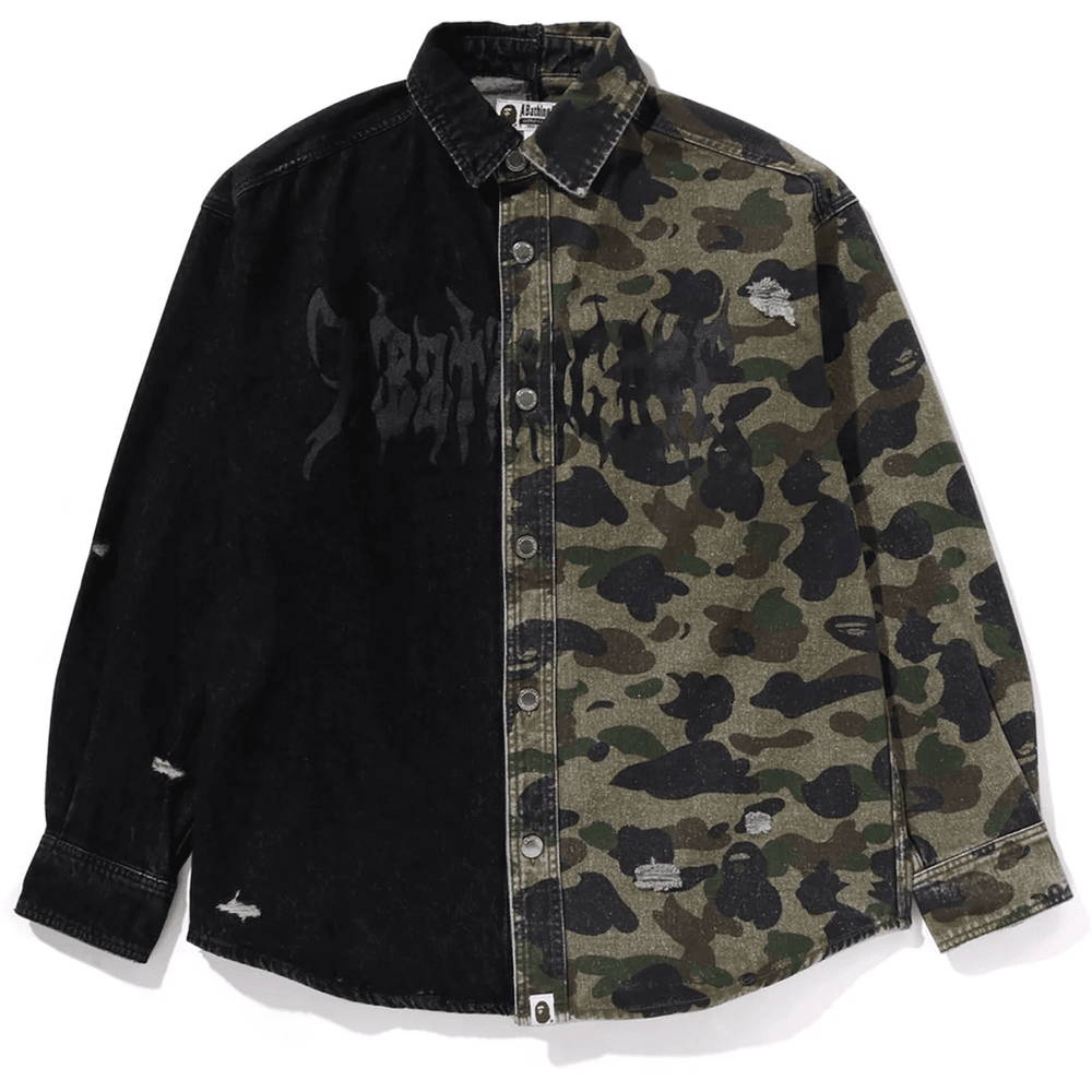Bape 1ST CAMO BLOCKING DESTORYED HEAVY WASH LOGO LS SHIRT MENS Black