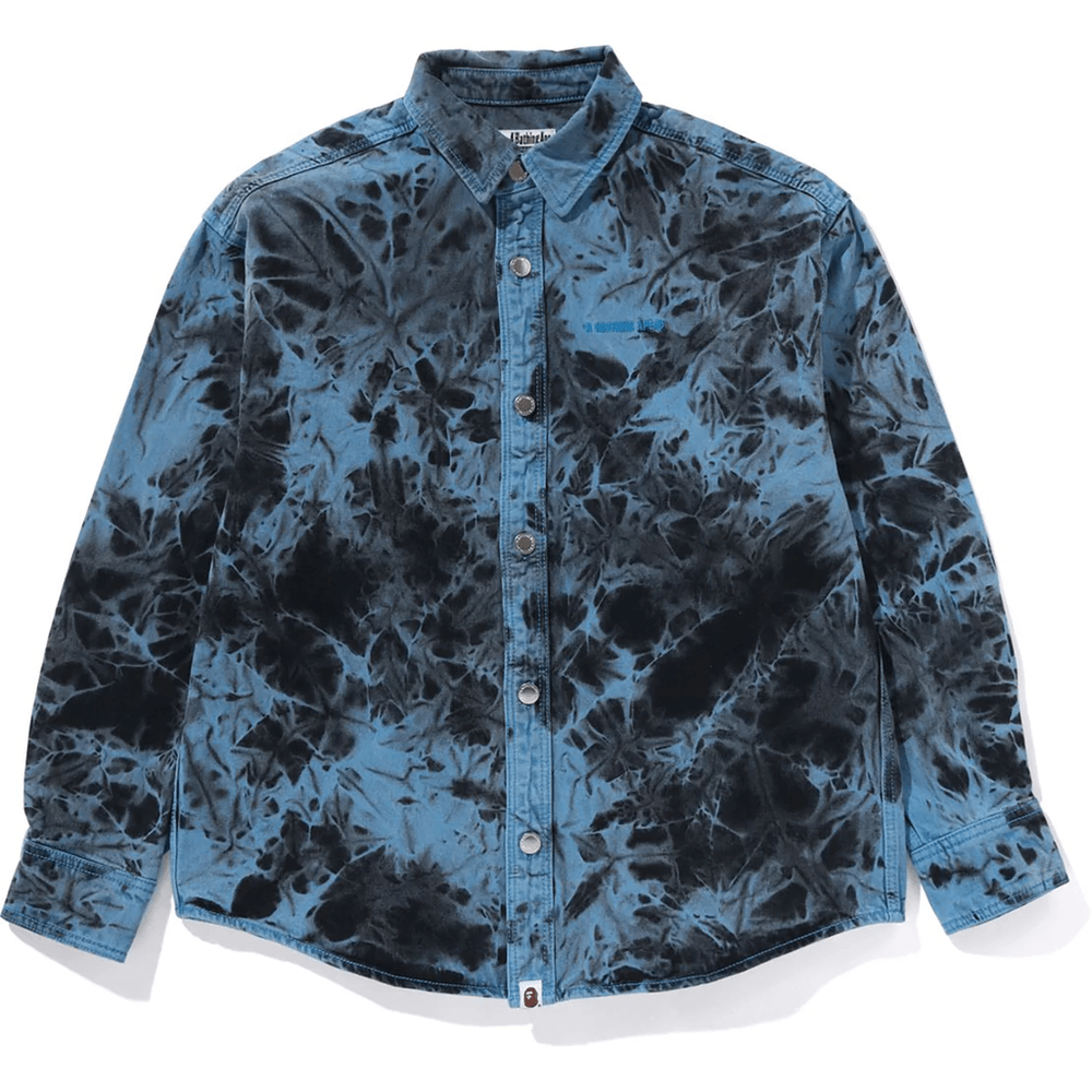 Bape DESTROYED BLEACH BATHING APE LOGO LS SHIRT MENS Blue