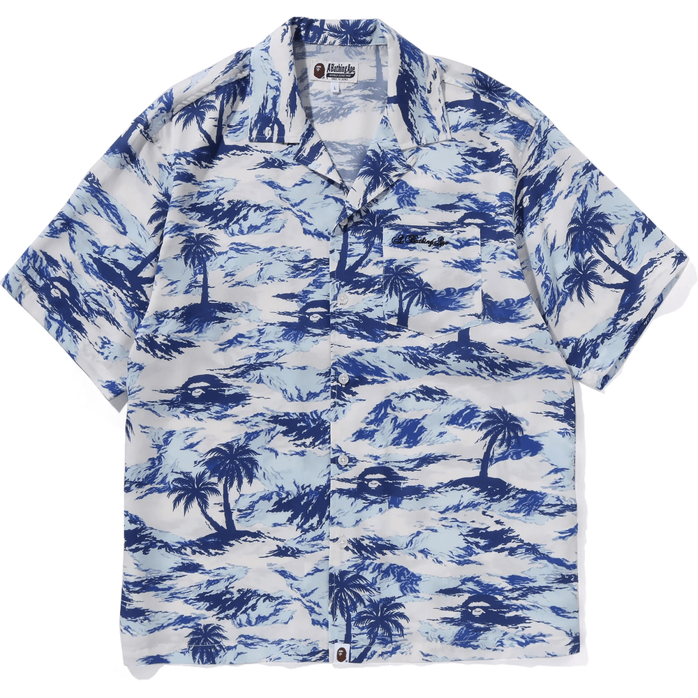 BAPE MENS PALM TREE CAMO OPEN COLLAR POCKET SS SHIRT Blue