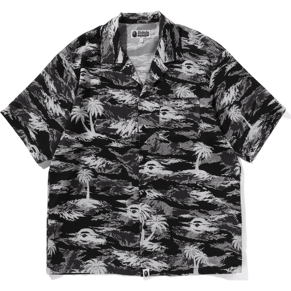 BAPE MENS PALM TREE CAMO OPEN COLLAR POCKET SS SHIRT Black