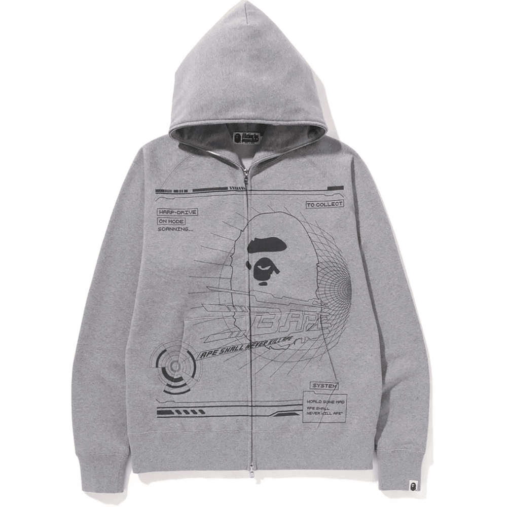 BAPE OVERPRINTED FULL ZIP HOODIE MENS Gray