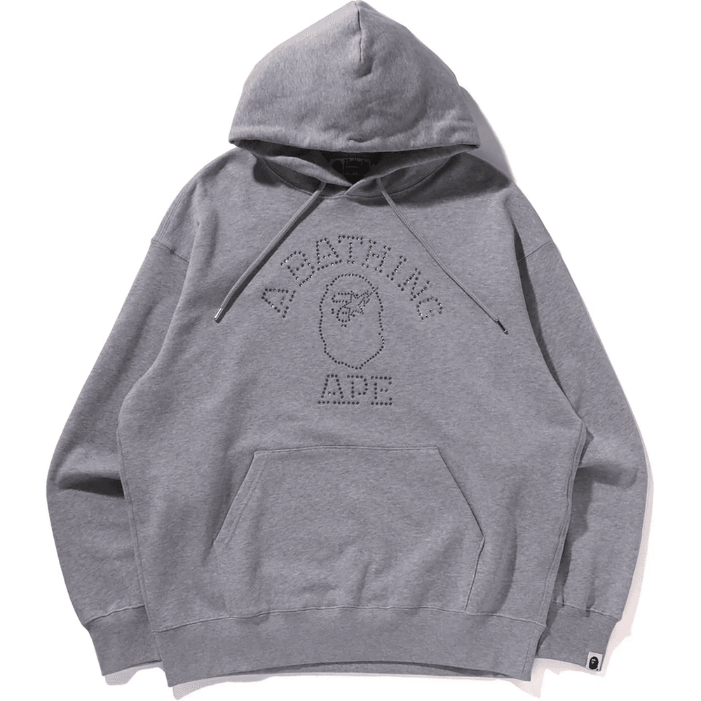 Bape RHINESTONE COLLEGE PULLOVER HOODIE MENS Gray