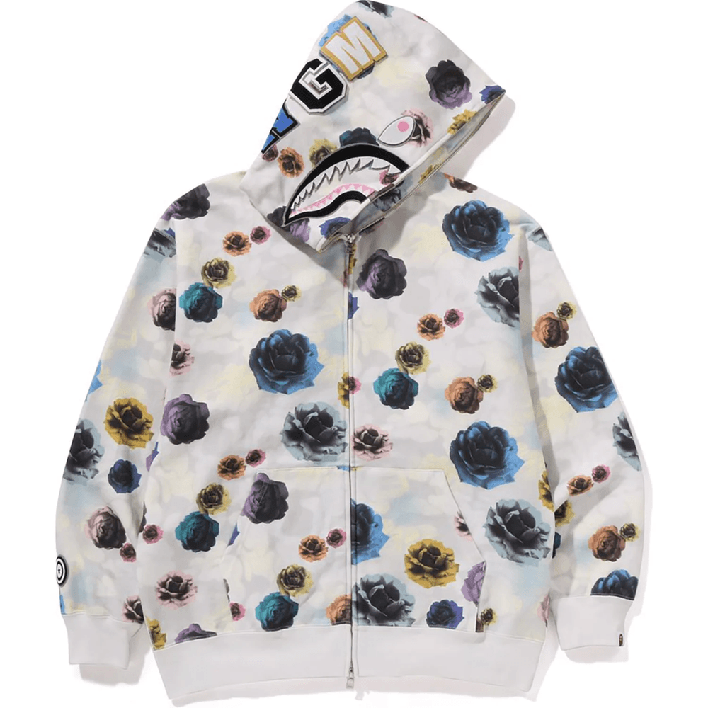 Bape FLORAL CAMO SHARK RELAXED FIT FULL ZIP HOODIE MENS Ivory