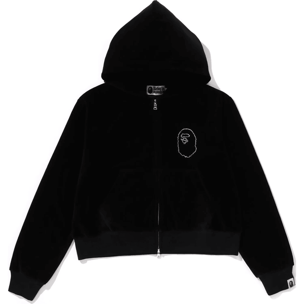 Bape CRYSTAL STONE APE HEAD VELOUR ZIP HOODIE LADIES Black