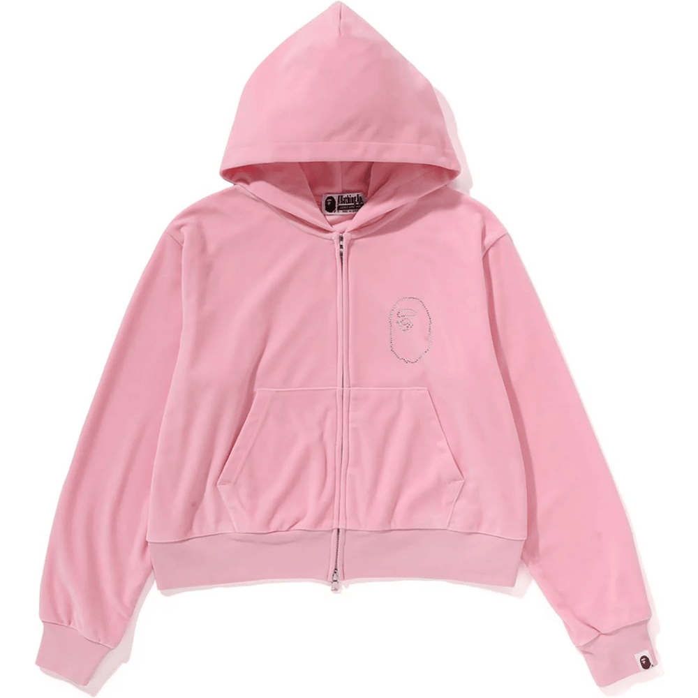 Bape CRYSTAL STONE APE HEAD VELOUR ZIP HOODIE LADIES Pink