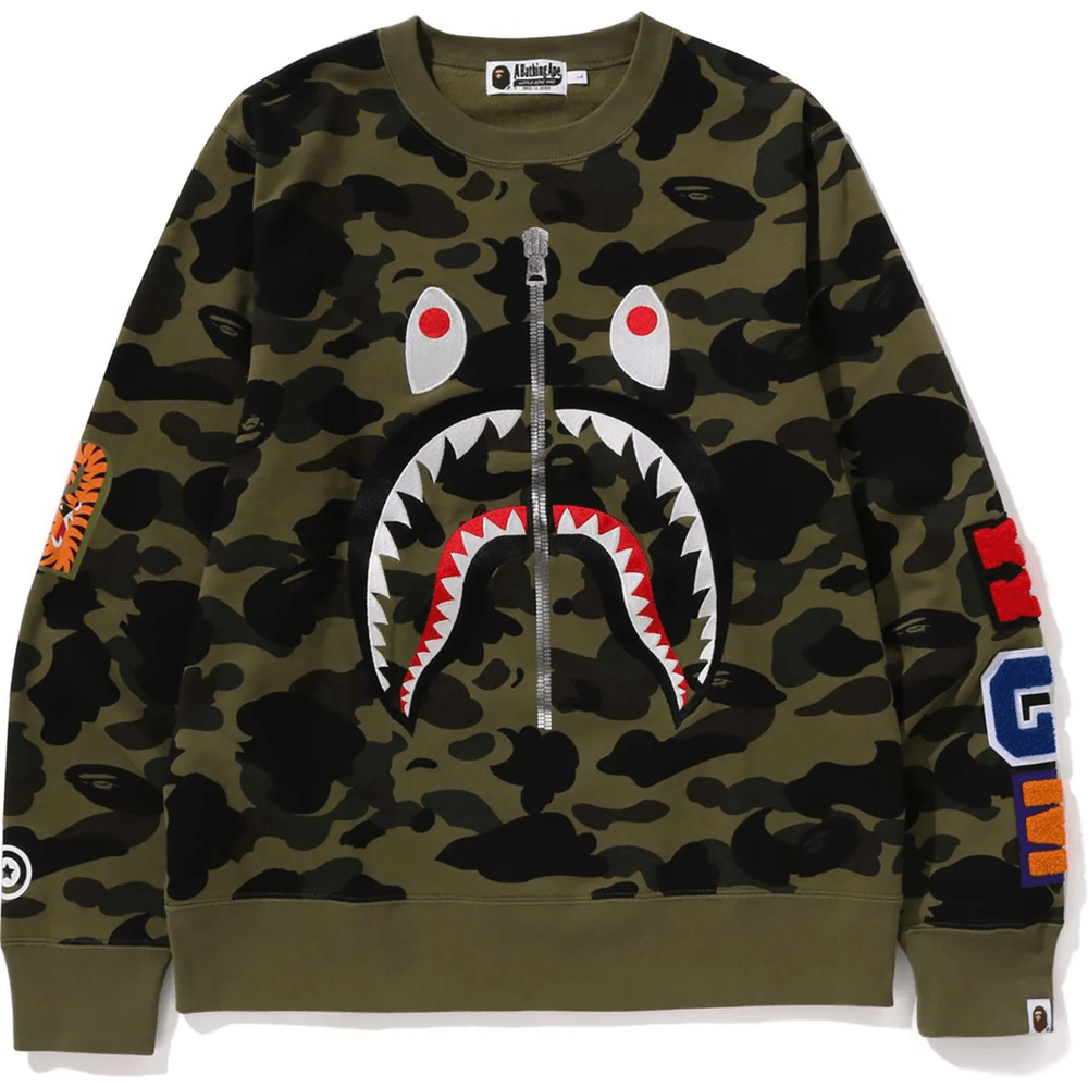 BAPE MENS 1ST CAMO SHARK CREWNECK SWEATSHIRT Green