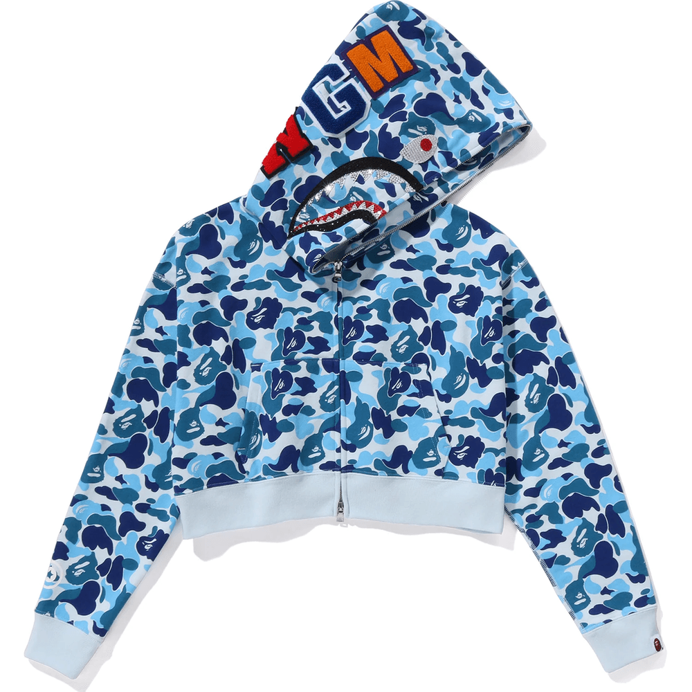 Bape ABC CAMO CRYSTAL STONE SHARK CROPPED FULL ZIP HOODIE LADIES Blue