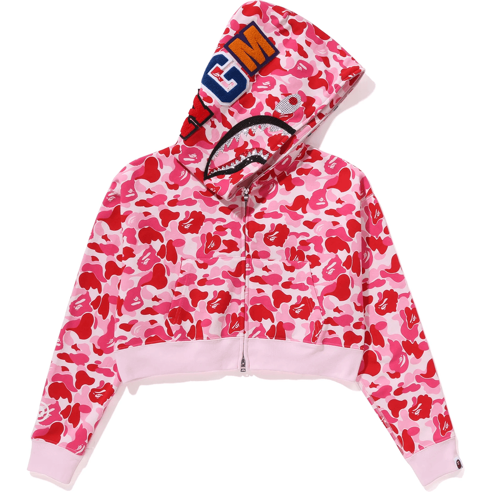 Bape ABC CAMO CRYSTAL STONE SHARK CROPPED FULL ZIP HOODIE LADIES Pink