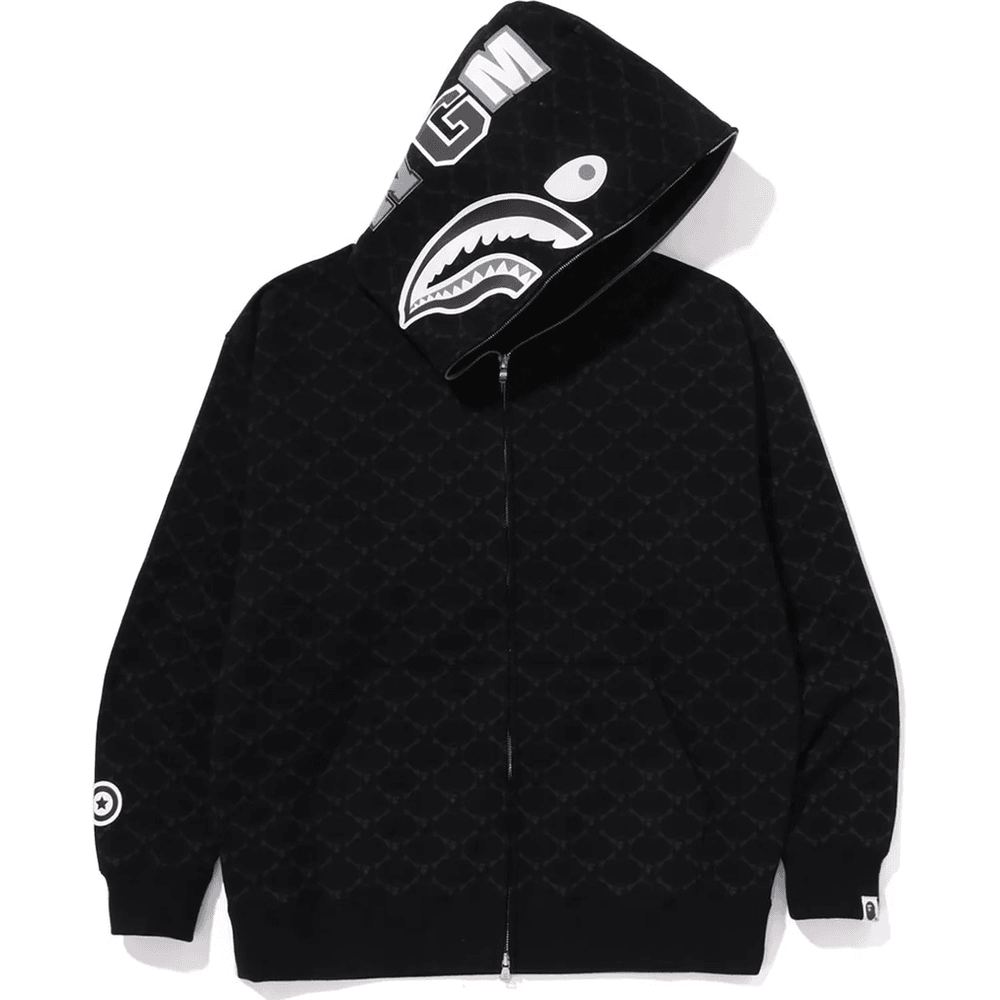 Bape Collège Monogram Coupe Décontractée Requin Zip Intégral Hoodie Homme Noir