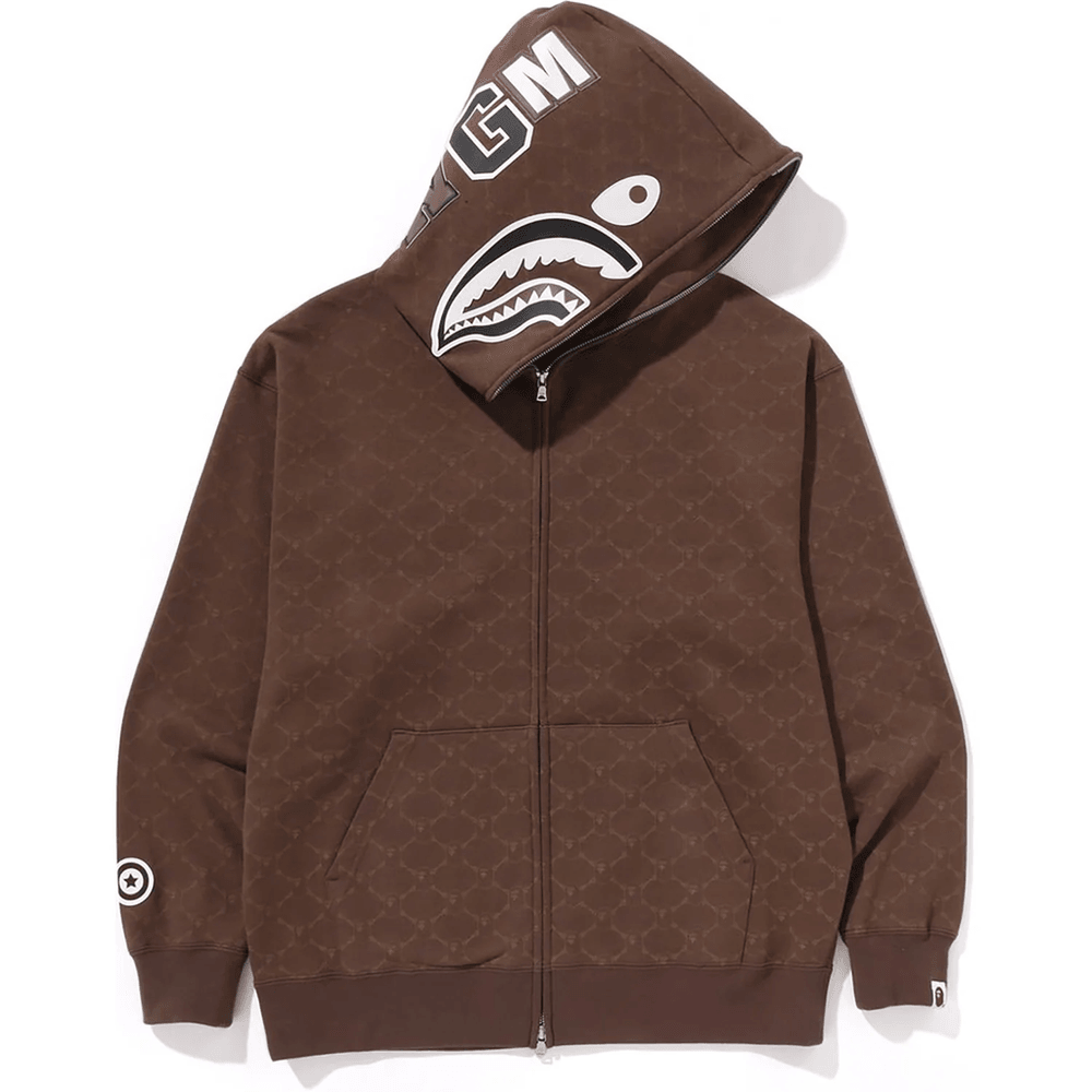 Bape COLLEGE MONOGRAM RELAXED FIT SHARK FULL ZIP HOODIE MENS Brown