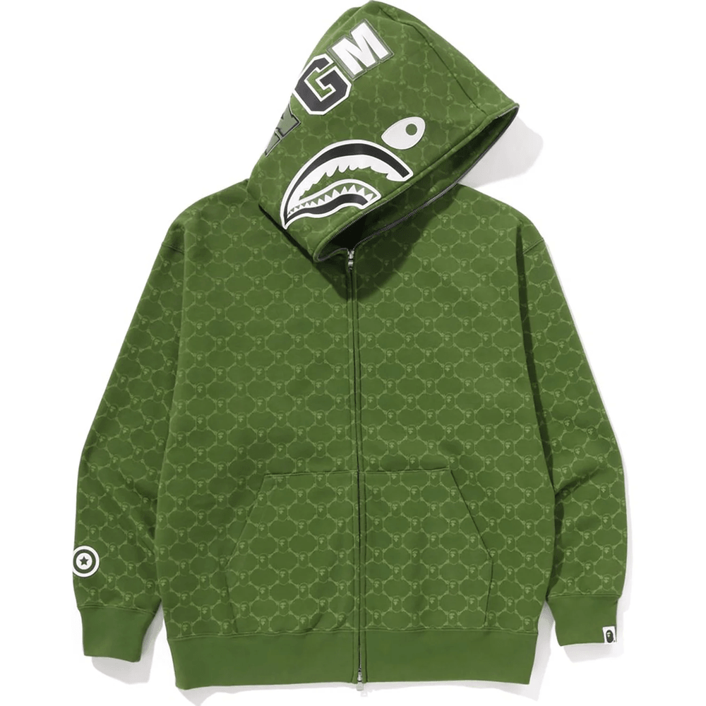Bape COLLEGE MONOGRAM RELAXED FIT SHARK FULL ZIP HOODIE MENS Green