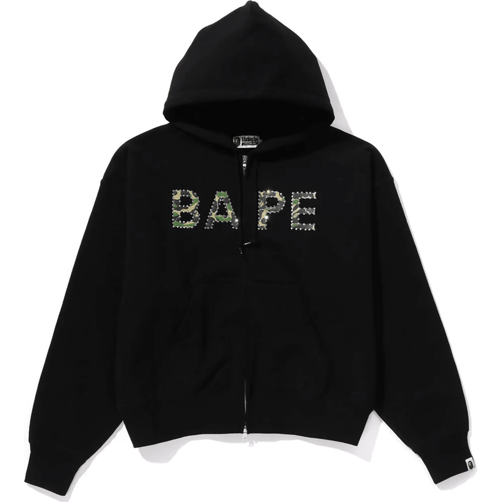 Bape ABC CAMO CRYSTAL LOGO WIDE ZIP HOODIE LADIES Black