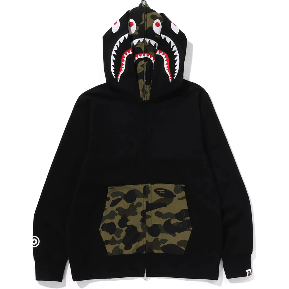 Bape 1ST CAMO SHARK FULL ZIP DOUBLE HOODIE MENS Black