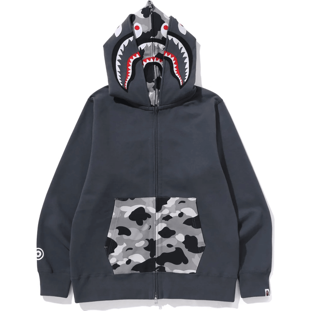 Bape 1ST CAMO SHARK FULL ZIP DOUBLE HOODIE MENS Gray