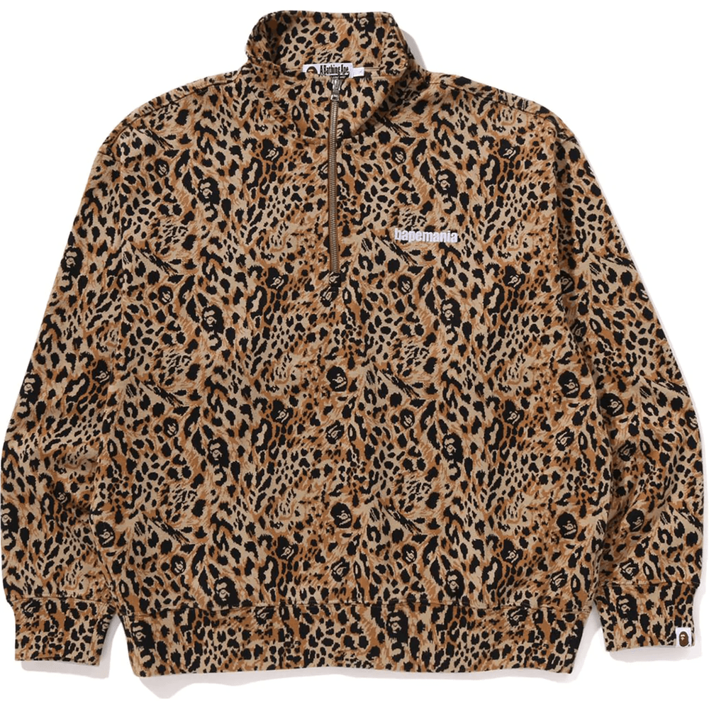 Bape WILD LEOPARD PATTERN RELAXED FIT HALF ZIP SWEATSHIRT MENS Beige