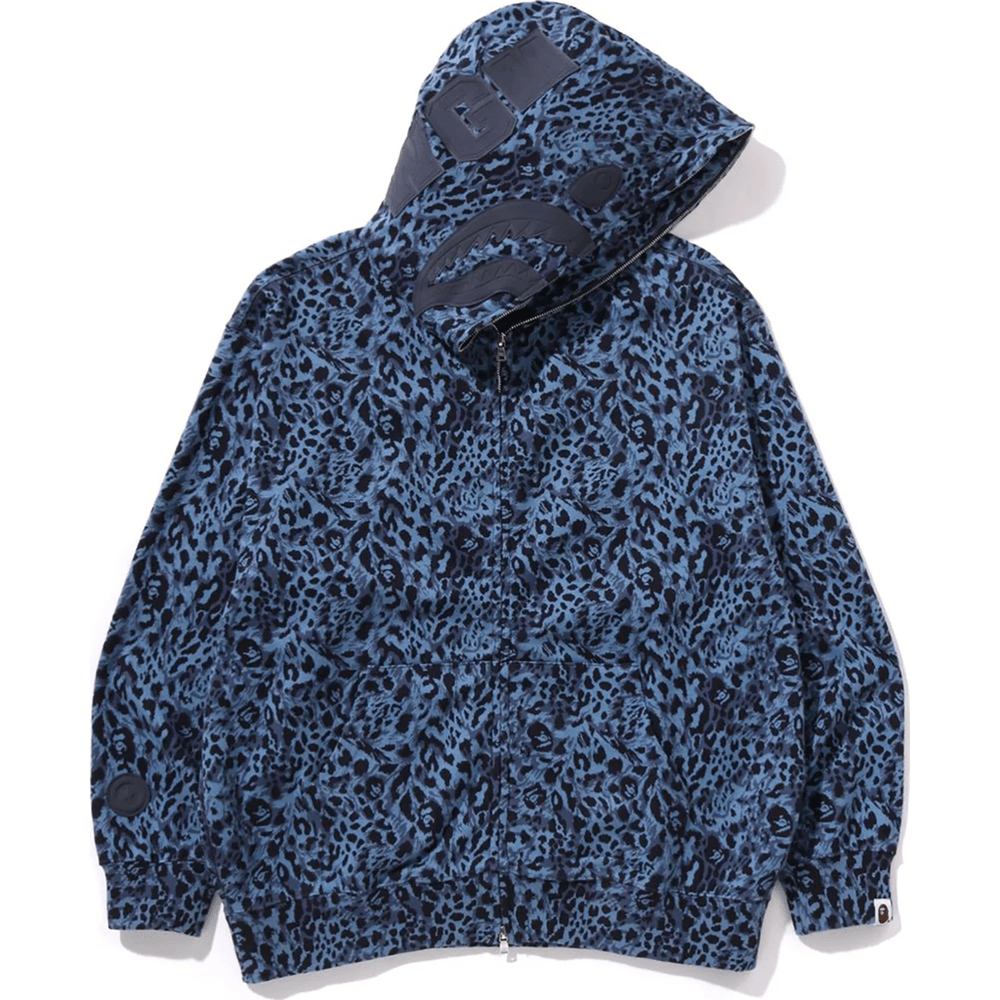 Bape WILD LEOPARD PATTERN SHARK RELAXED FIT FULL ZIP HOODIE MENS Navy