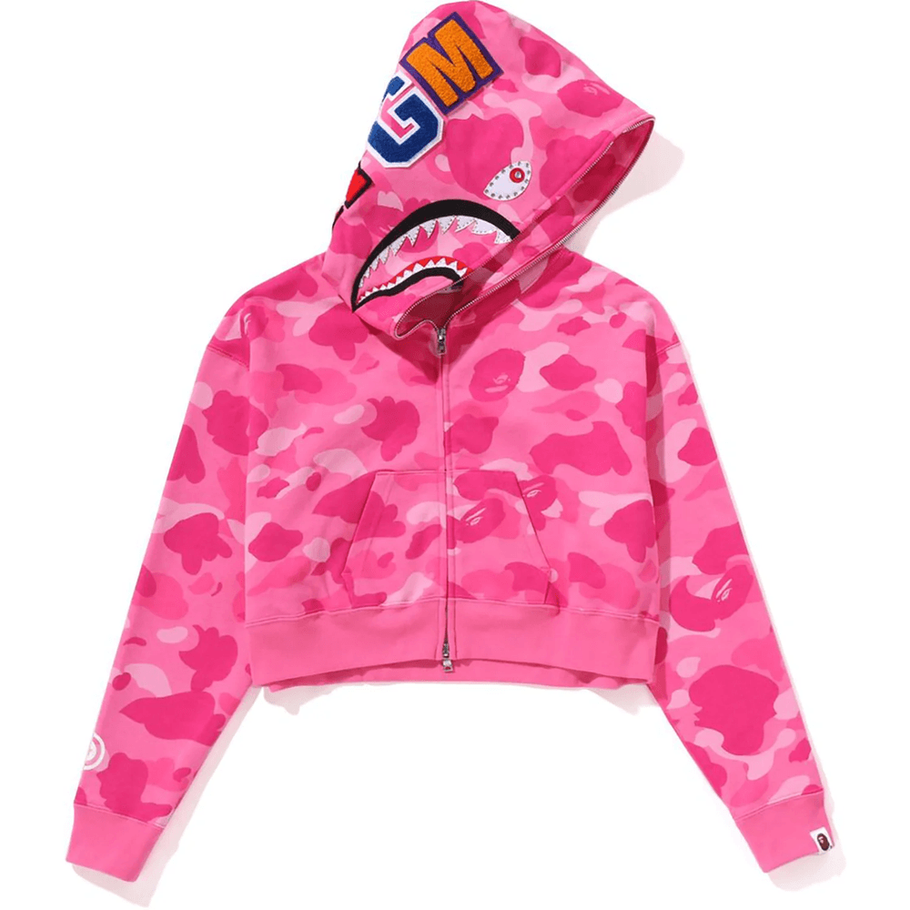 Bape COLOR CAMO CRYSTAL STONE SHARK CROPPED FULL ZIP HOODIE LADIES Pink