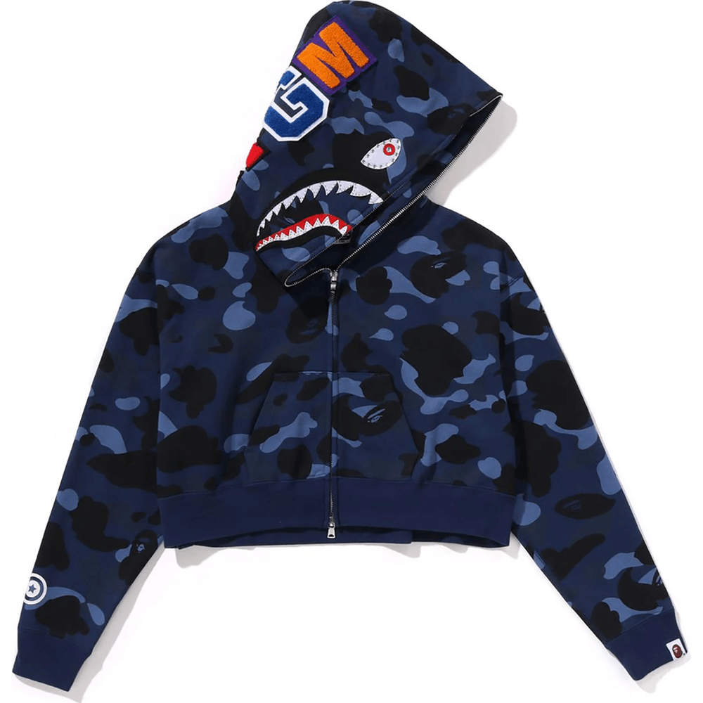 Bape COLOR CAMO CRYSTAL STONE SHARK CROPPED FULL ZIP HOODIE LADIES Navy
