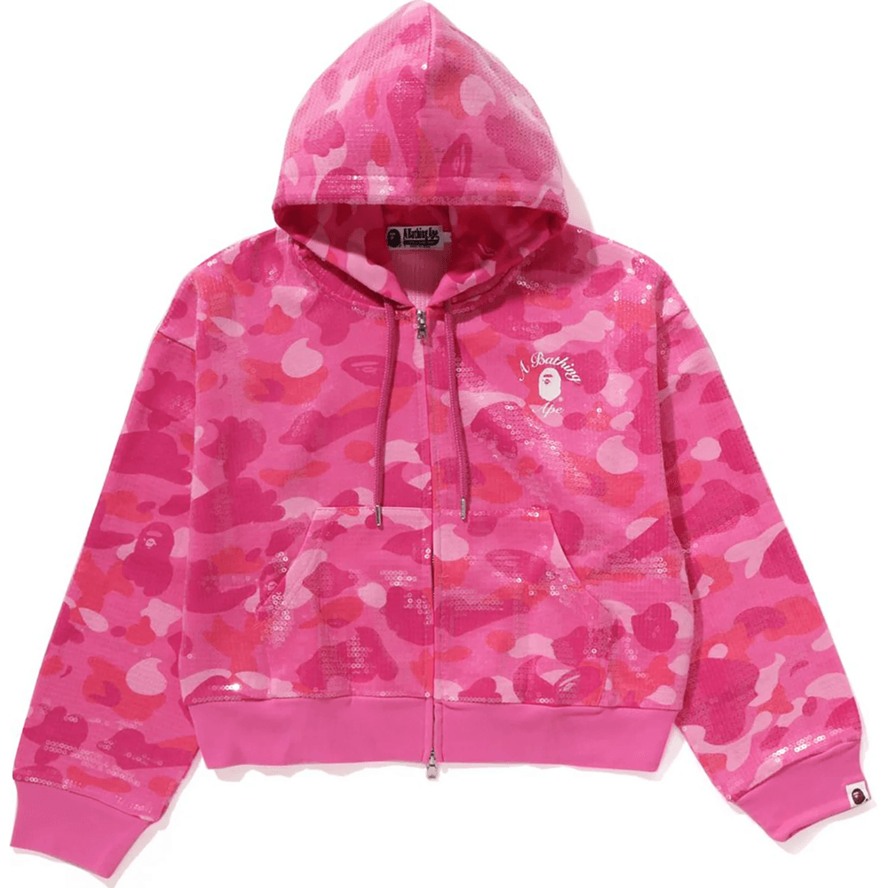 Bape COLOR CAMO APE HEAD SEQUIN CROPPED FULL ZIP HOOOIE LADIES Pink