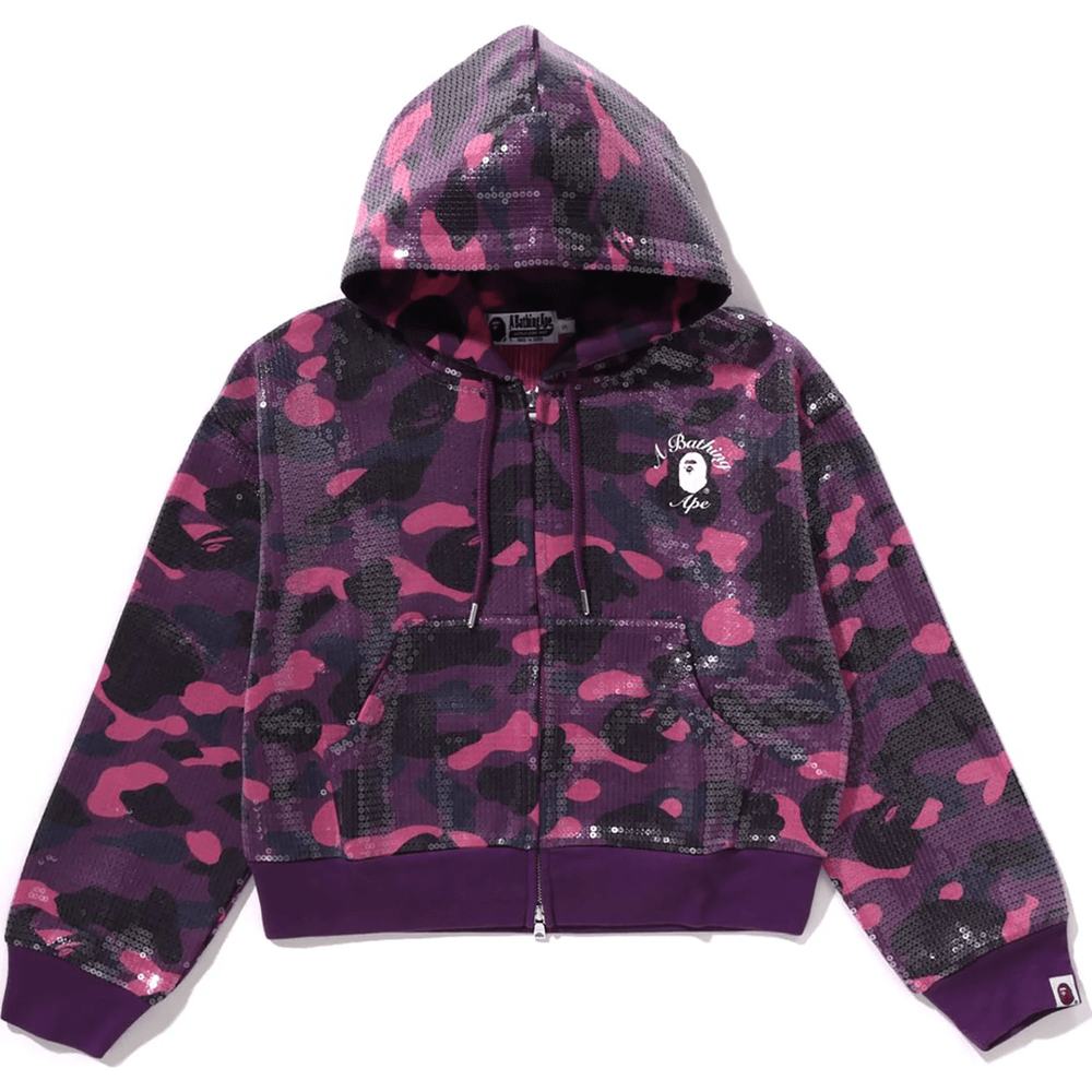 Bape COLOR CAMO APE HEAD SEQUIN CROPPED FULL ZIP HOOOIE LADIES Purple