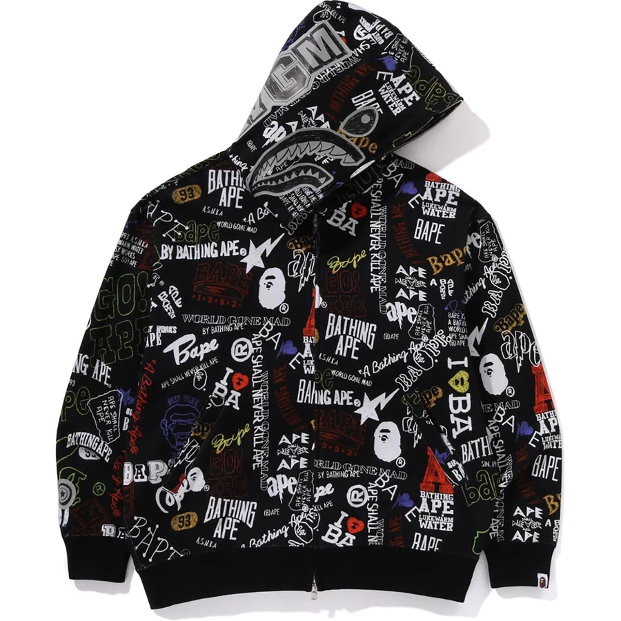 Bape HAND DRAW PATTERN SHARK ZIP HOODIE MENS