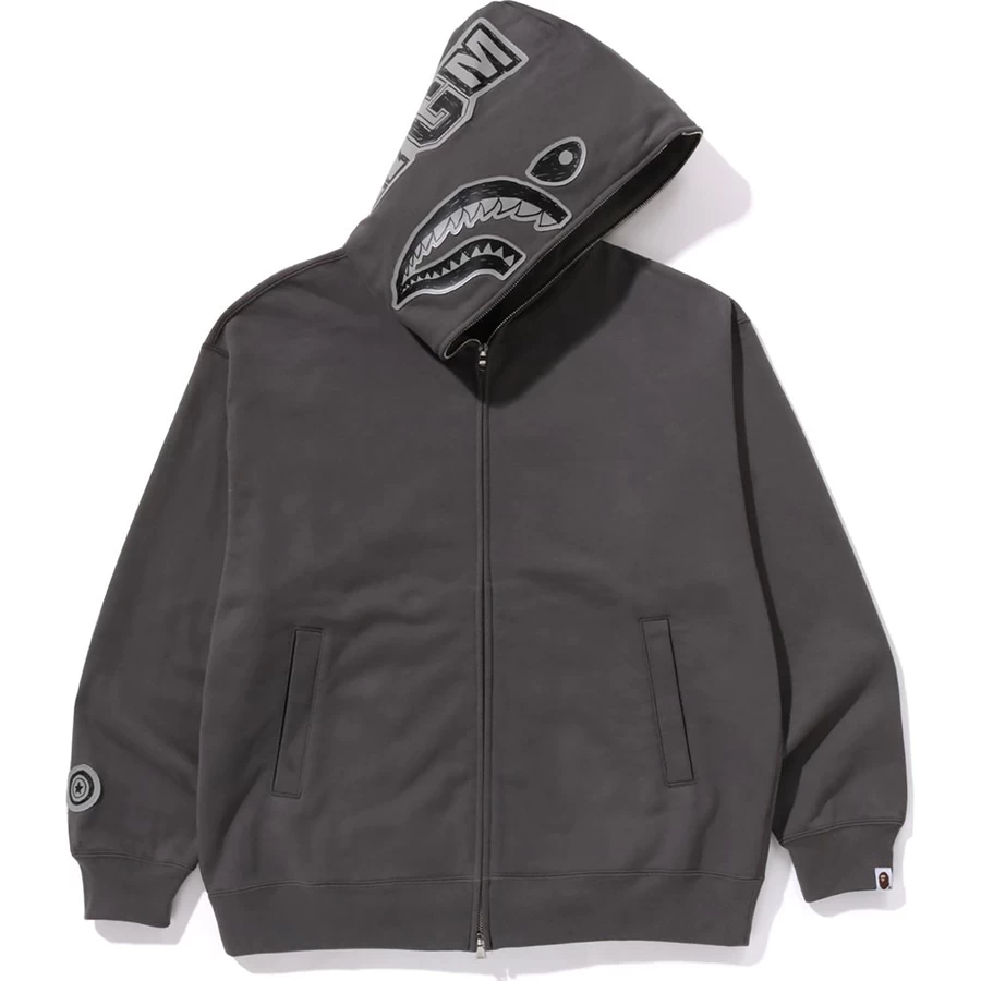 Bape Elle çizilmiş Yüz Rahat Kesim Köpekbalığı Tam Fermuarlı Kapüşonlu Erkek