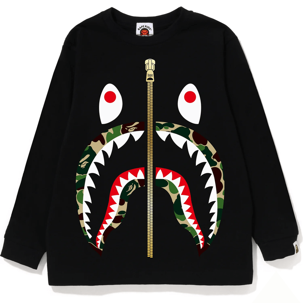Bape Abc Camo Shark Majica Z Dolgimi Rokavi Za Otroke črna X Zelena