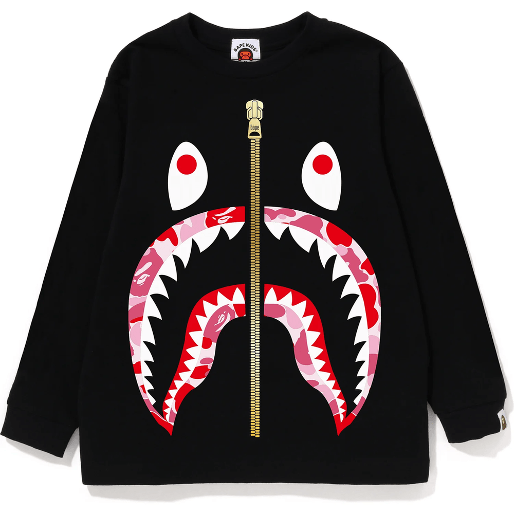 Bape Abc Camo Shark Majica Z Dolgimi Rokavi Za Otroke, črna Z Roza