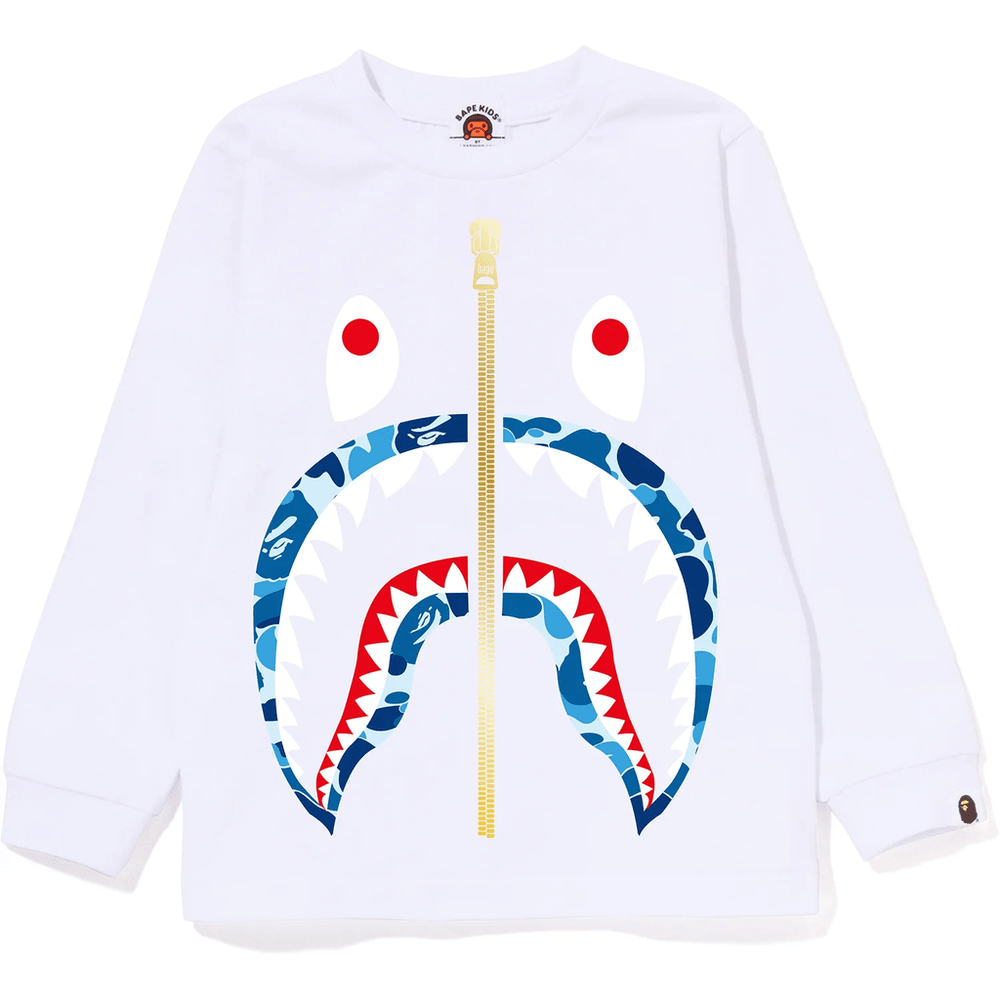 Baju Anak-anak Bape Abc Camo Shark Lengan Panjang Warna Putih X Biru