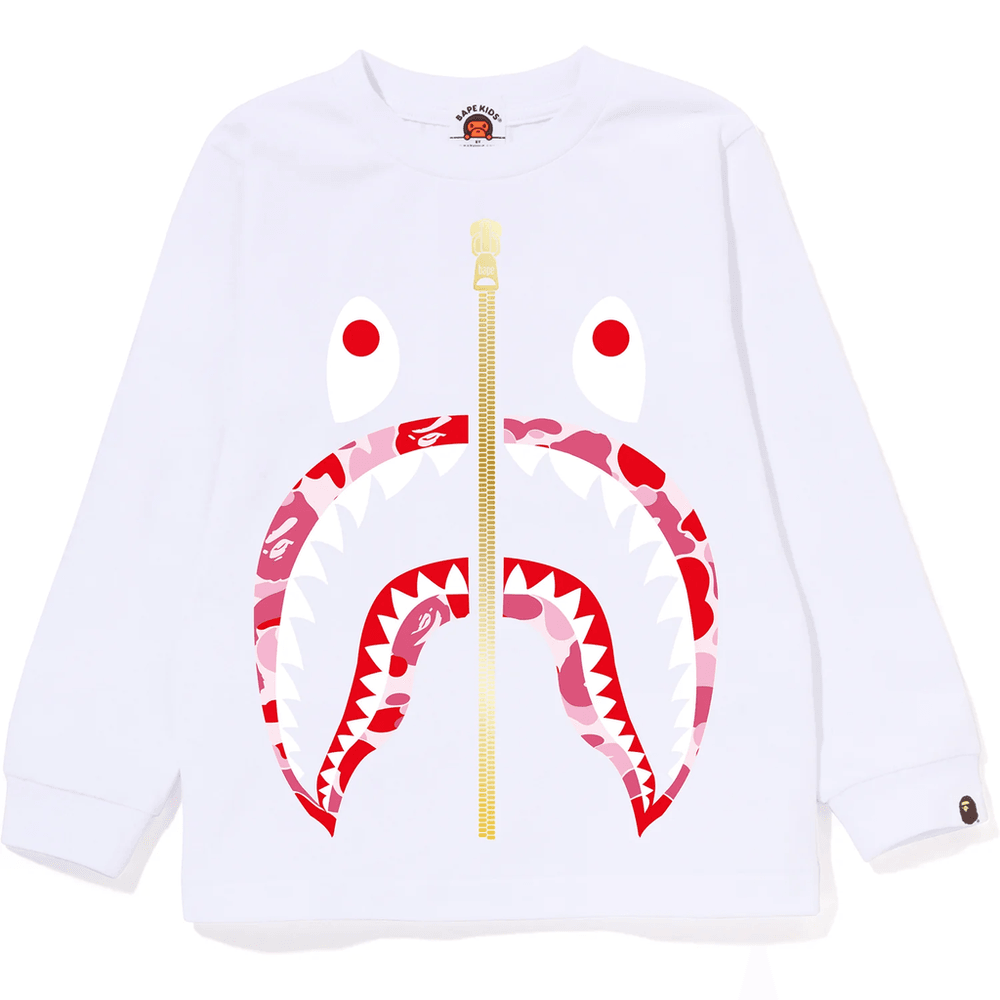 Bape Abc Camo Shark Majica Z Dolgimi Rokavi Za Otroke, Bela X Roza