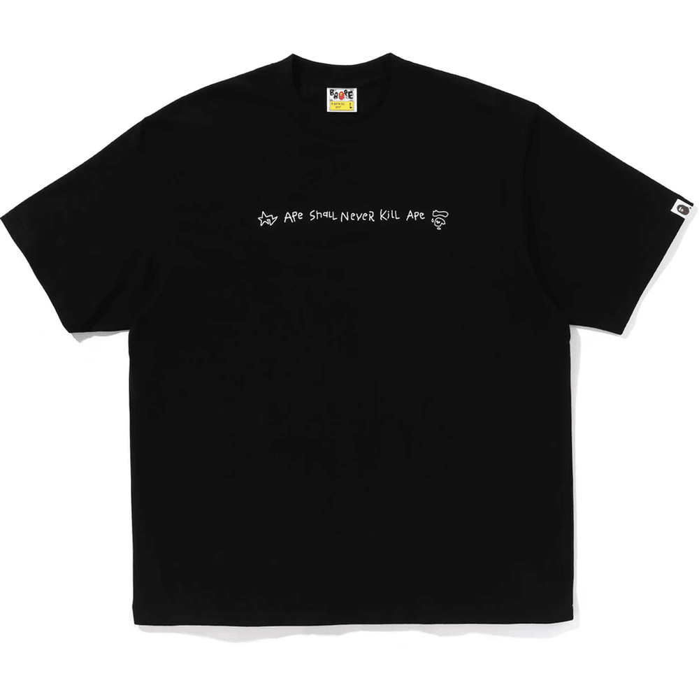 Tricou Bape Cu Logo Desenat Manual, Croială Relaxată, Negru, Pentru Bărbați