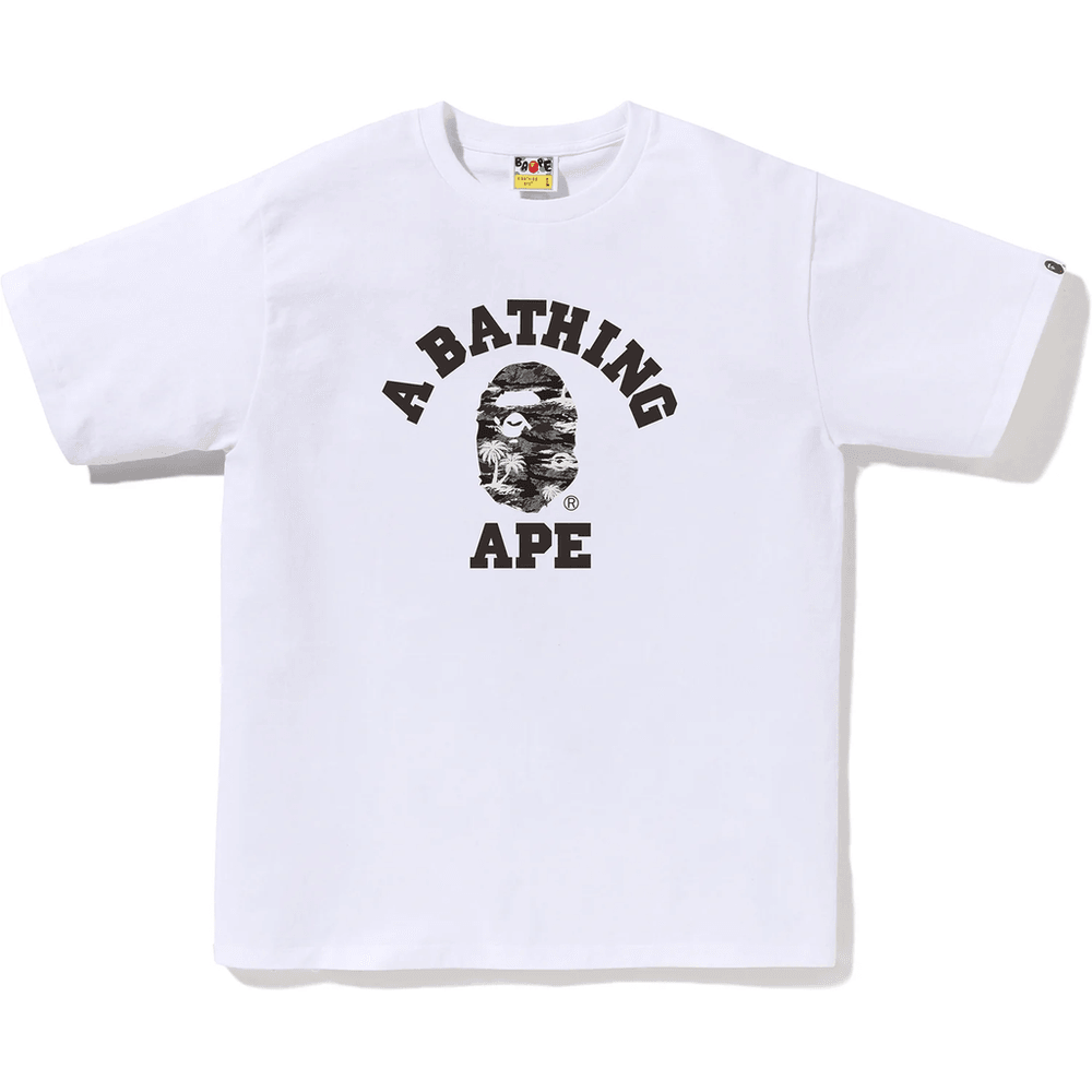 Bape Pánske Tričko S Motívom Palmy, Kamufláže A Univerzitným Nápisom, Biele S čiernou