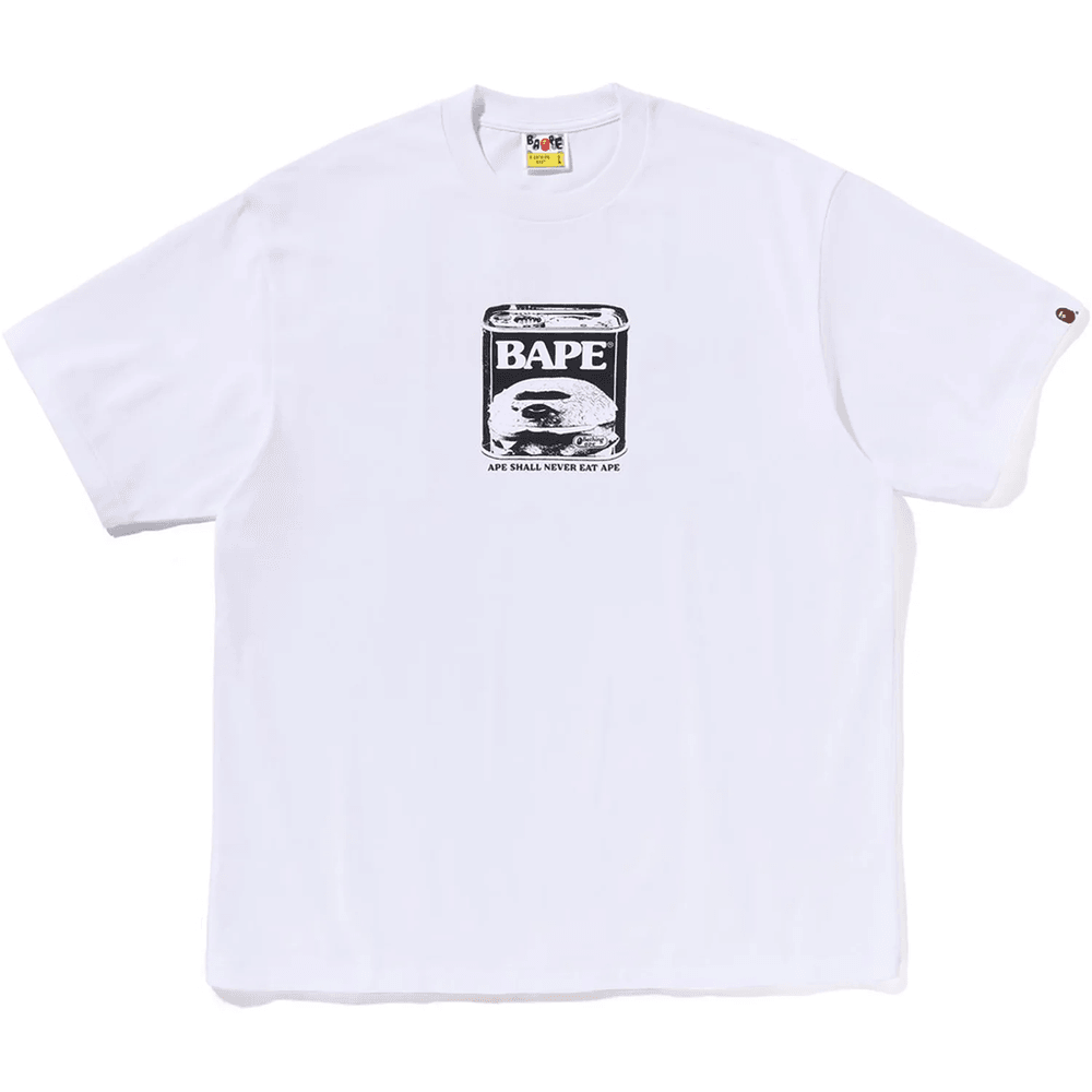 Moška Bela Majica S Sproščenim Krojem Z Logotipom BAPE In Motivom Pločevinke Hrane