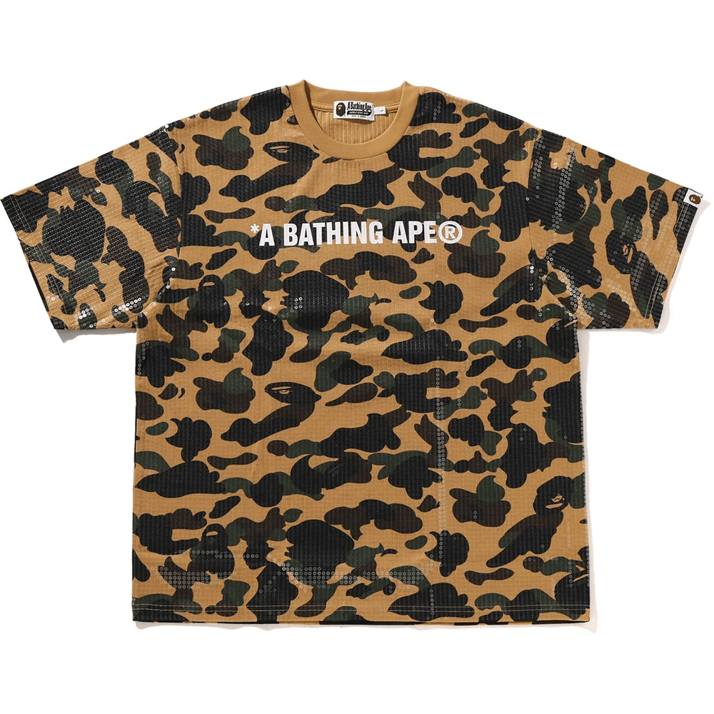 BAPE 1st Camo Logós, Bő Szabású, Flitteres Póló, Sárga, Férfi