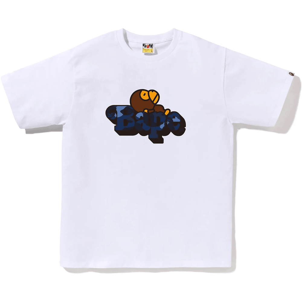 T-shirt Bape Blanc Et Marine Pour Homme Avec Motif Camouflage Coloré Milo
